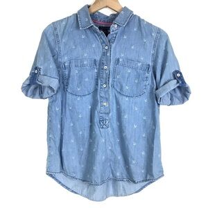 TOMMY HILFIGER Popover Top Chambray Denim Anchors Roll Tab Nautical Size Medium
